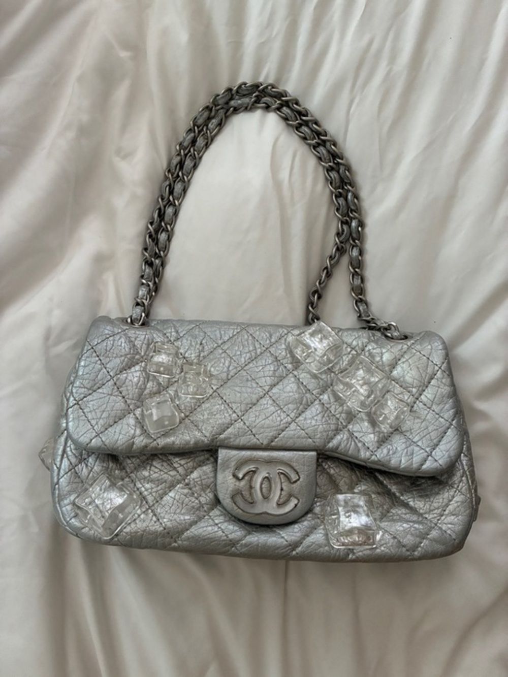 Chanel Silver Quilted Shoulder Bag ice cube 🧊 jumbo